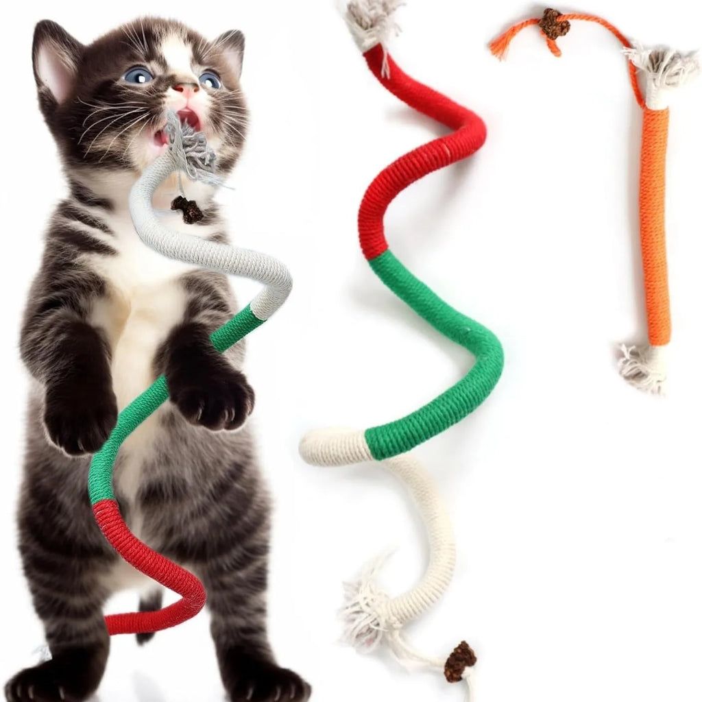 70cm cotton string bite rope cat toy in three colour options: purple, orange, and red with green