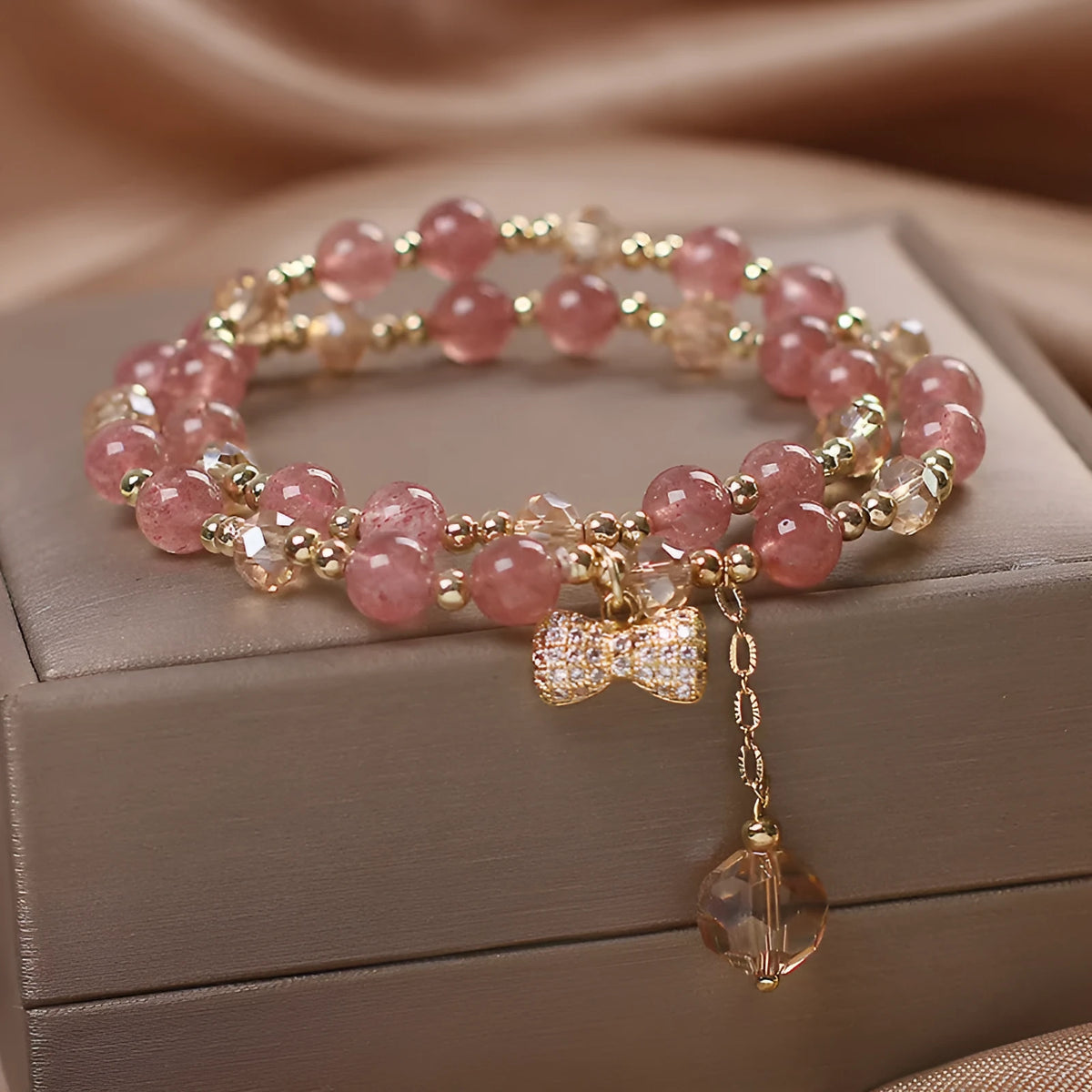 Gold double layer strawberry quartz bracelet for women with U-shaped original design