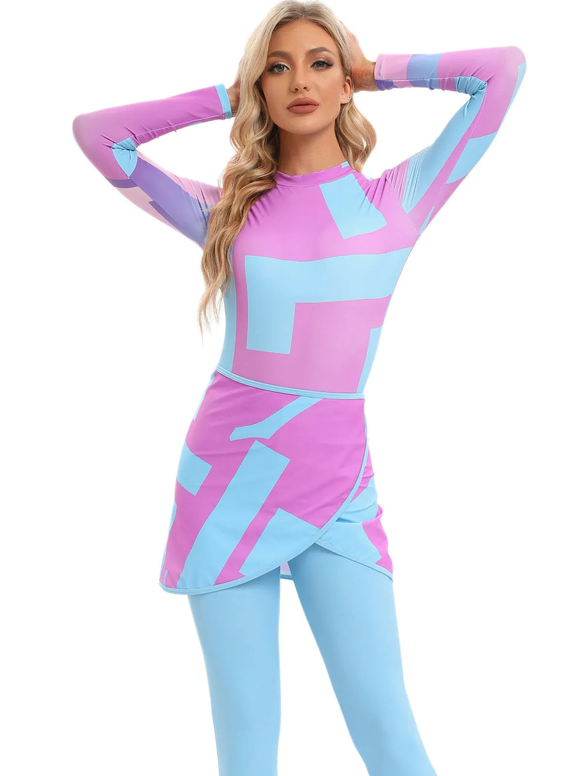 Conservative Muslim swimsuit three-piece set with apron in fresh pattern