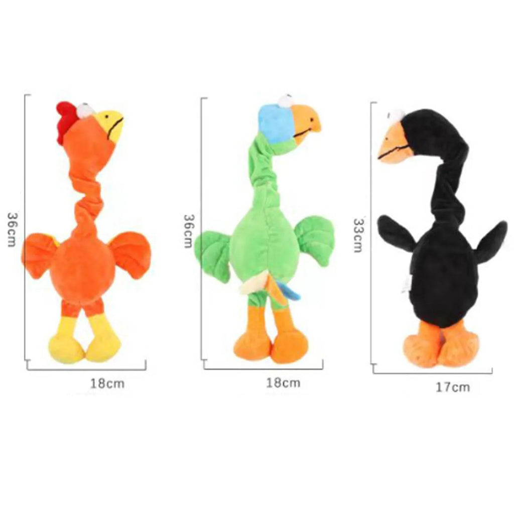 Chicken-shaped plush dog toy with screaming sound and squeaky function in black, green or orange colours