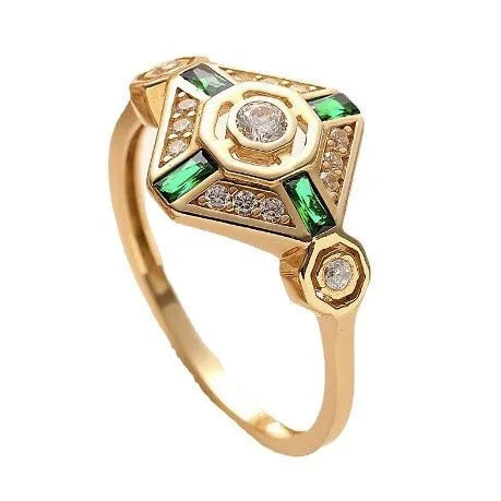 Emerald green geometric square-cut women's diamond ring with electroplated finish on a plain background.