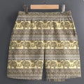 Men's patterned casual shorts in polyester fabric, showing examples of stripe, plaid, and camouflage designs.