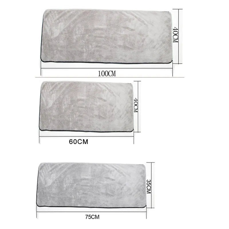 Microfiber car wash drying towel shown in three size options for vehicle drying