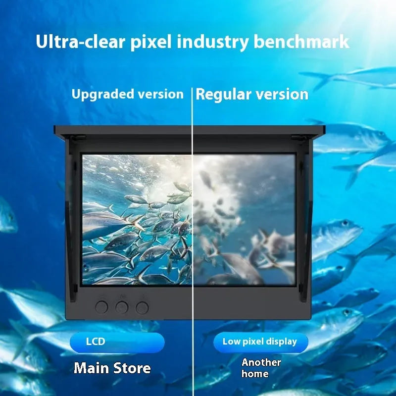 Underwater fish finder camera with 4.3-inch screen showing HD footage of fish, with temperature display and night vision lights.
