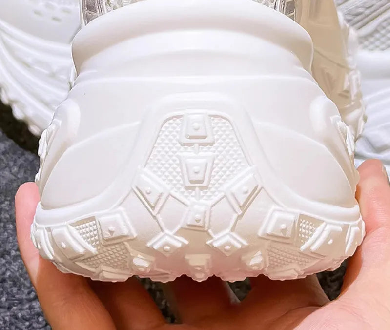 White women's lace-up dad sneakers with round toe and height increasing insoles