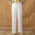 Linen straight-leg trousers with elasticated high waist in navy blue colour
