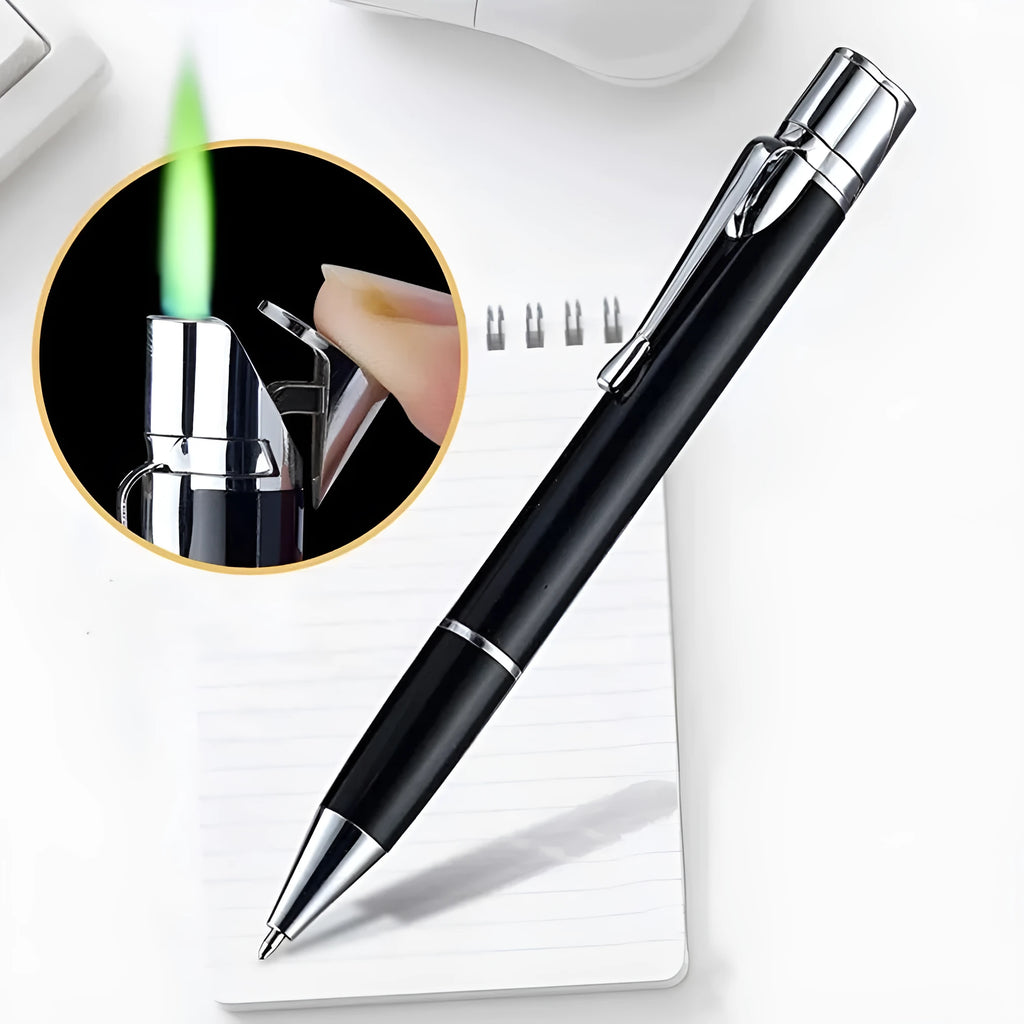 Slim metal pen lighter with windproof jet flame, keychain attachment, in choice of colours.