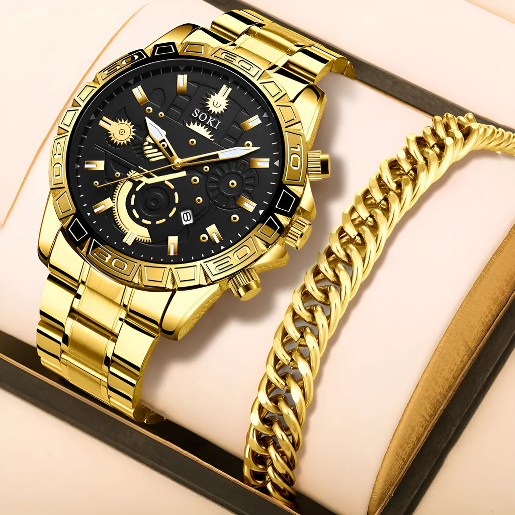 Gold men's steel business calendar quartz watch with 10mm thickness and stainless steel bracelet