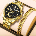 Gold men's steel business calendar quartz watch with 10mm thickness and stainless steel bracelet