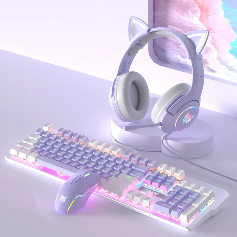 White and purple mechanical keyboard and mouse gaming combo with backlight