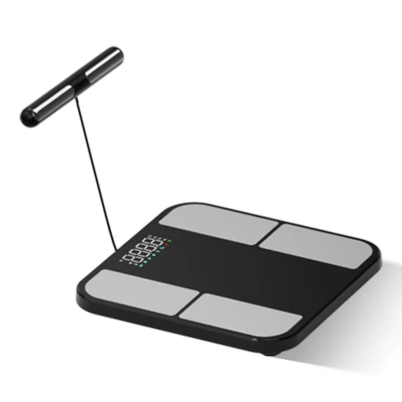Black electronic weighing scale with tempered glass platform showing body fat and moisture measurements on colour screen