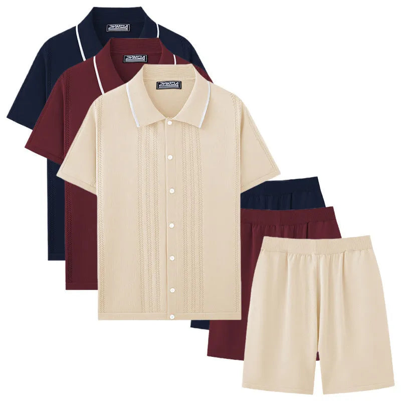 Men's khaki Tencel two-piece casual set with short sleeve top and matching shorts