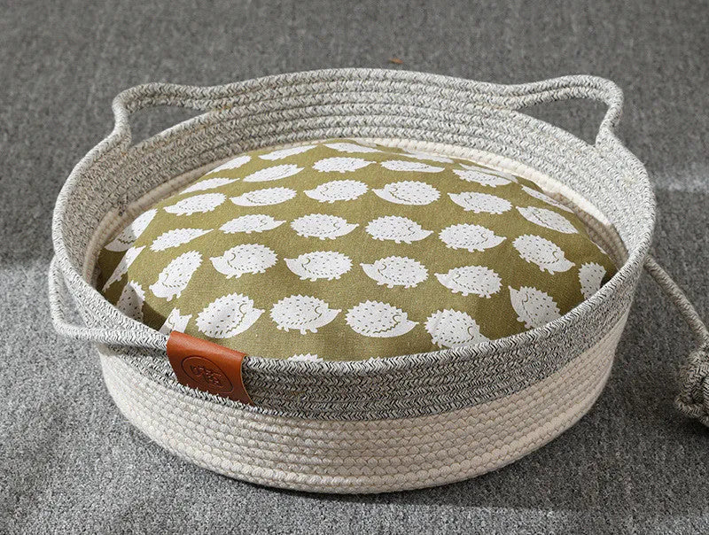 Grey cotton rope and rattan cat nest with optional cushion, small 35cm size
