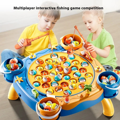 Baby educational magnetic fishing toy set with 8 poles, 4 barrels, and 31 colourful fish