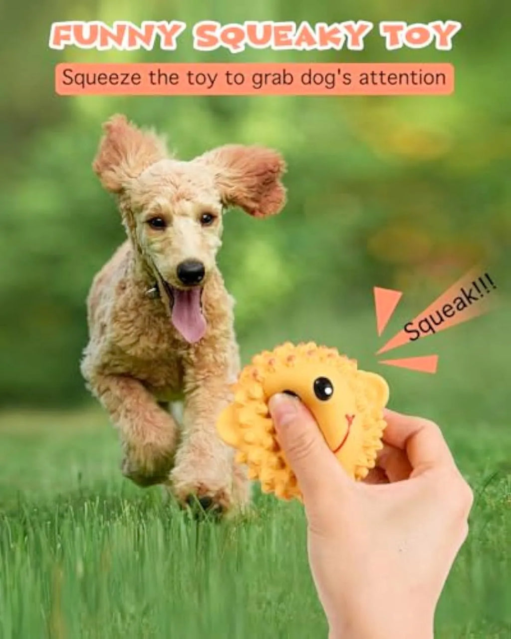 Orange and yellow spiky latex animal dog toys with squeakers for dental care and fetch play.