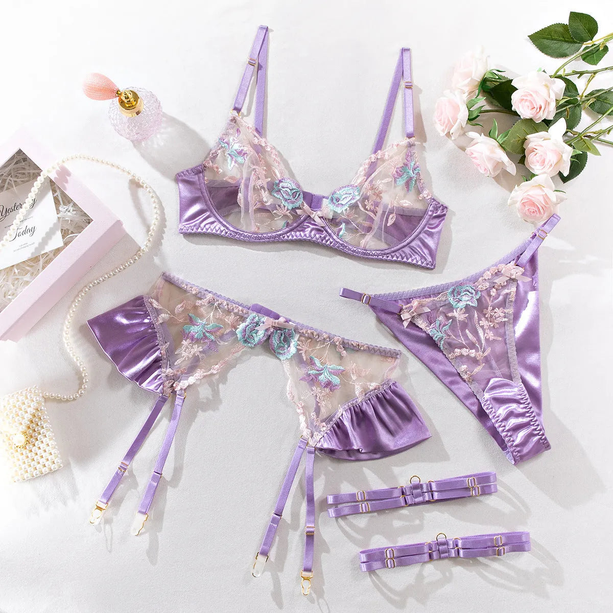 Light purple satin lingerie four-piece set with mercerized embroidery design