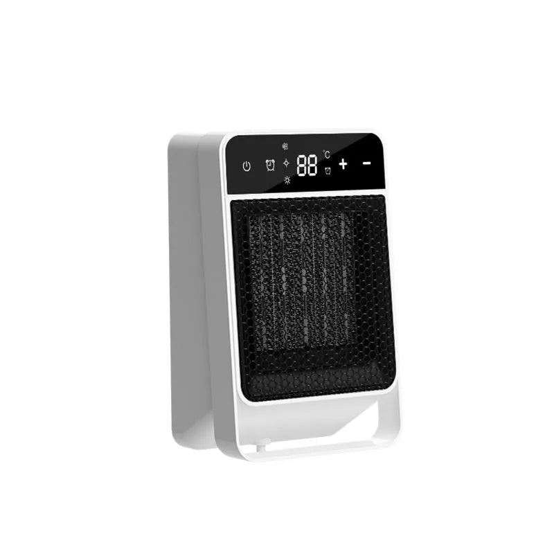 Black desktop warm air blower heater with a digital touch screen display and remote control on a wooden desk.