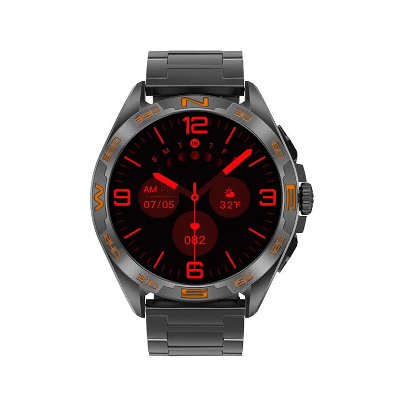 Men's smart watch showing display with WhatsApp notification, heart rate graph, and blood pressure reading.