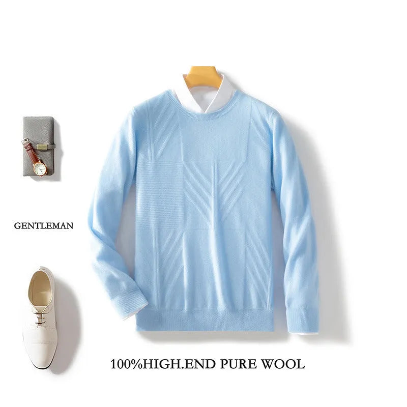 Men's round neck sweater pullover solid colour jacquard loose fit long sleeve mercerized craft