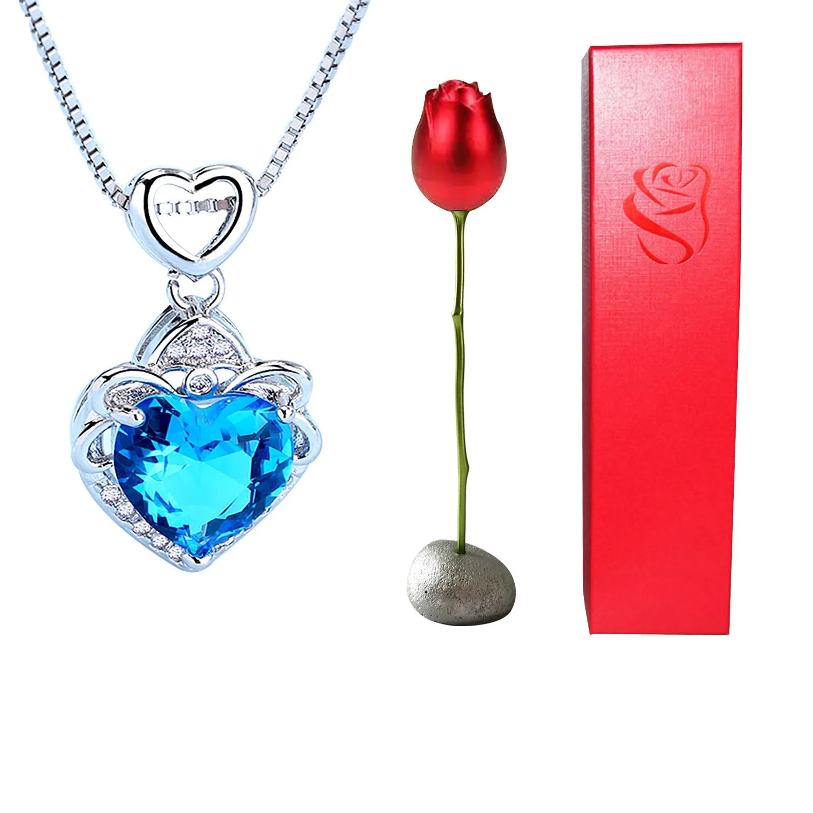 Heart-shaped crystal diamond rose pendant necklace in copper with electroplated finish, rose box packaging