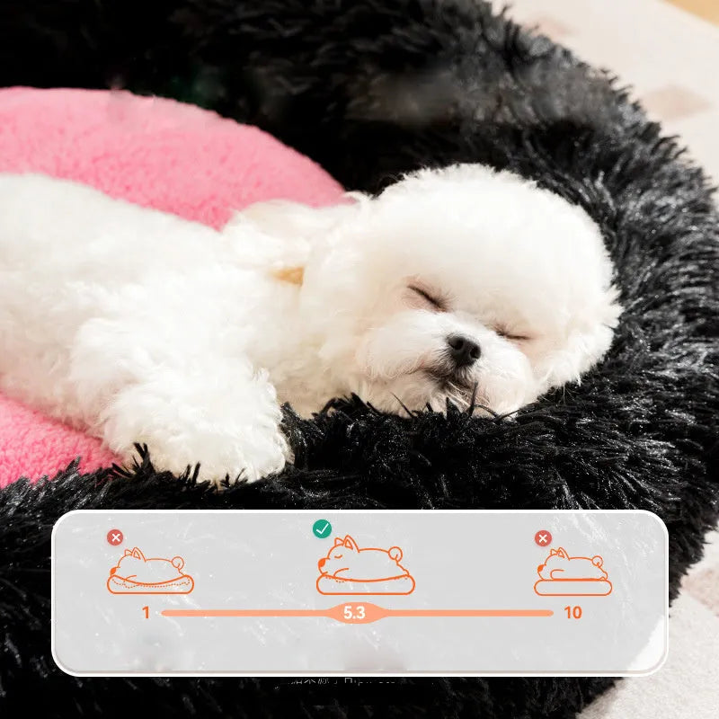Elf Briquettes plush kennel sleeping mat in blue, pink, or yellow colours, showing raised edges and four size options