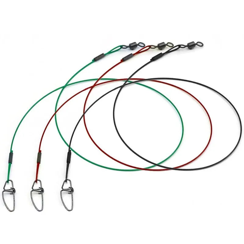 Ten 54cm long steel wire double buckle fishing pins in green, black, and red colours.