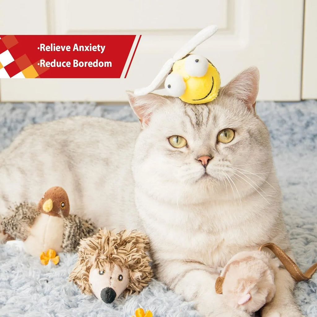 Yellow bee-shaped electronic cat toy with motion-activated squeaking for indoor feline play