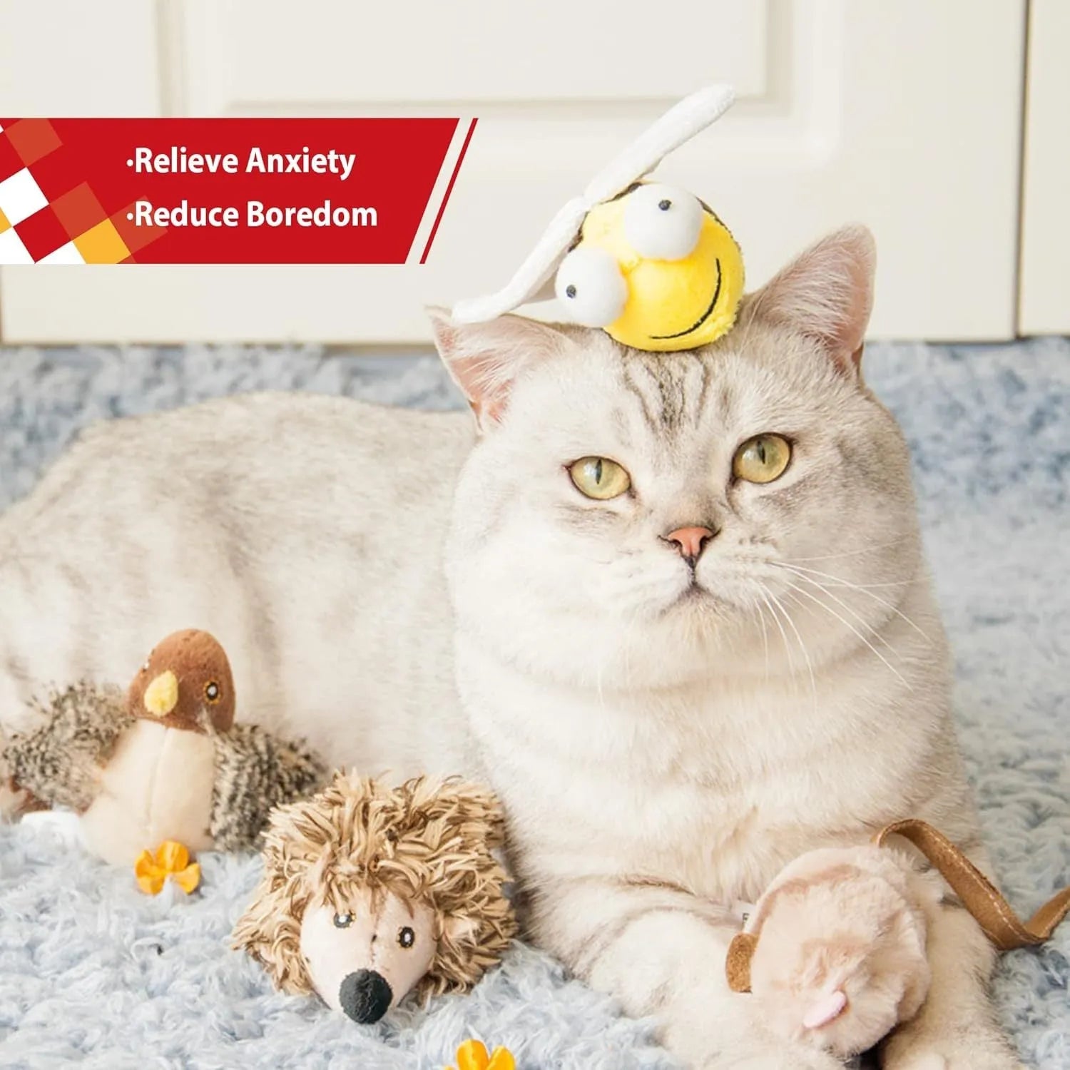 Yellow bee-shaped electronic cat toy with motion-activated squeaking for indoor feline play