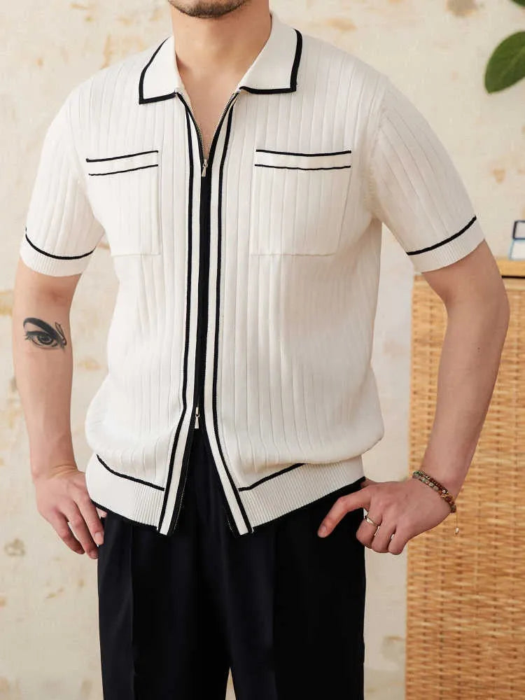 Slim black lapel collar short-sleeved polo shirt made from a thin viscose blend fabric.