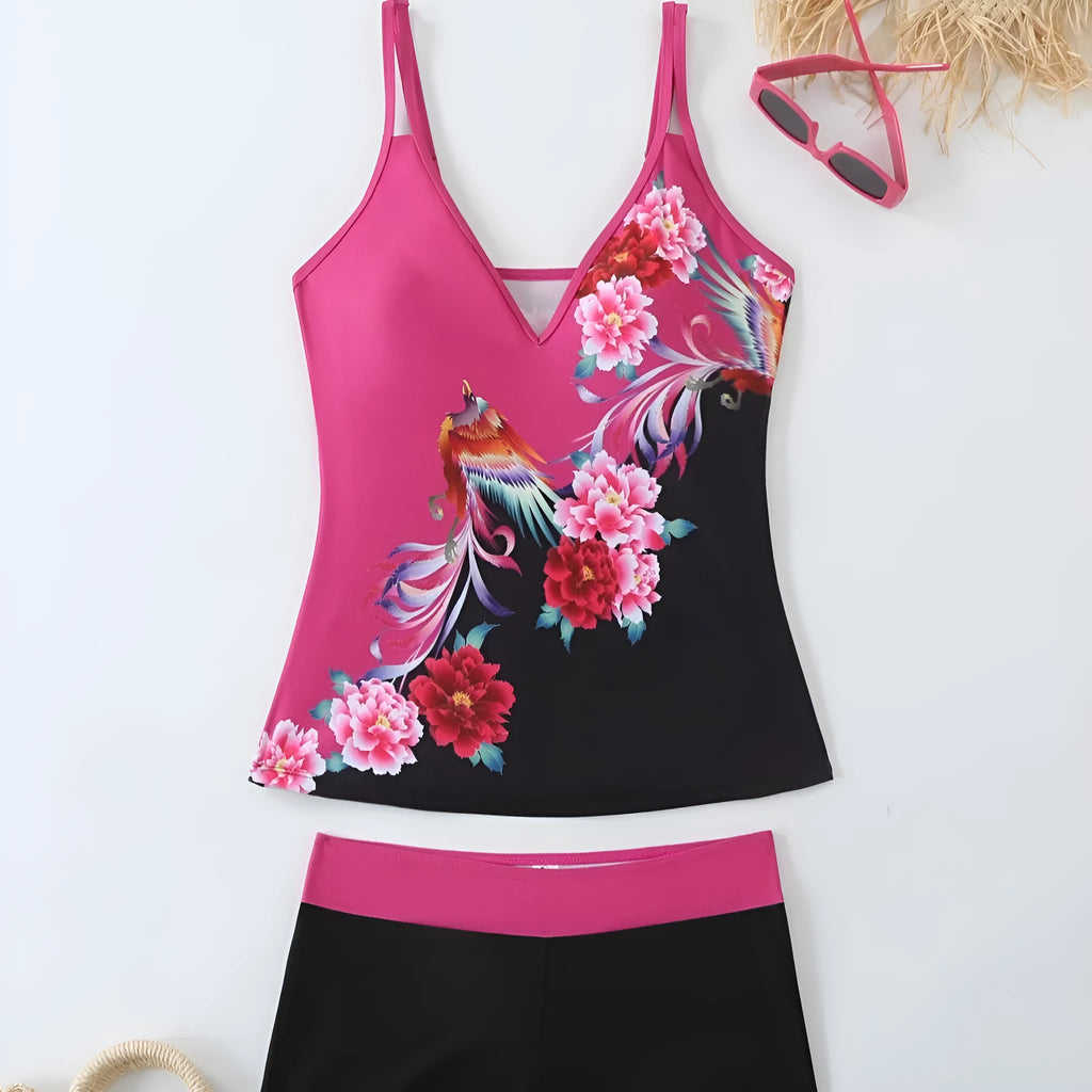 Plus size women's two-piece printed swimsuit in black or rose red with a cotton lining.