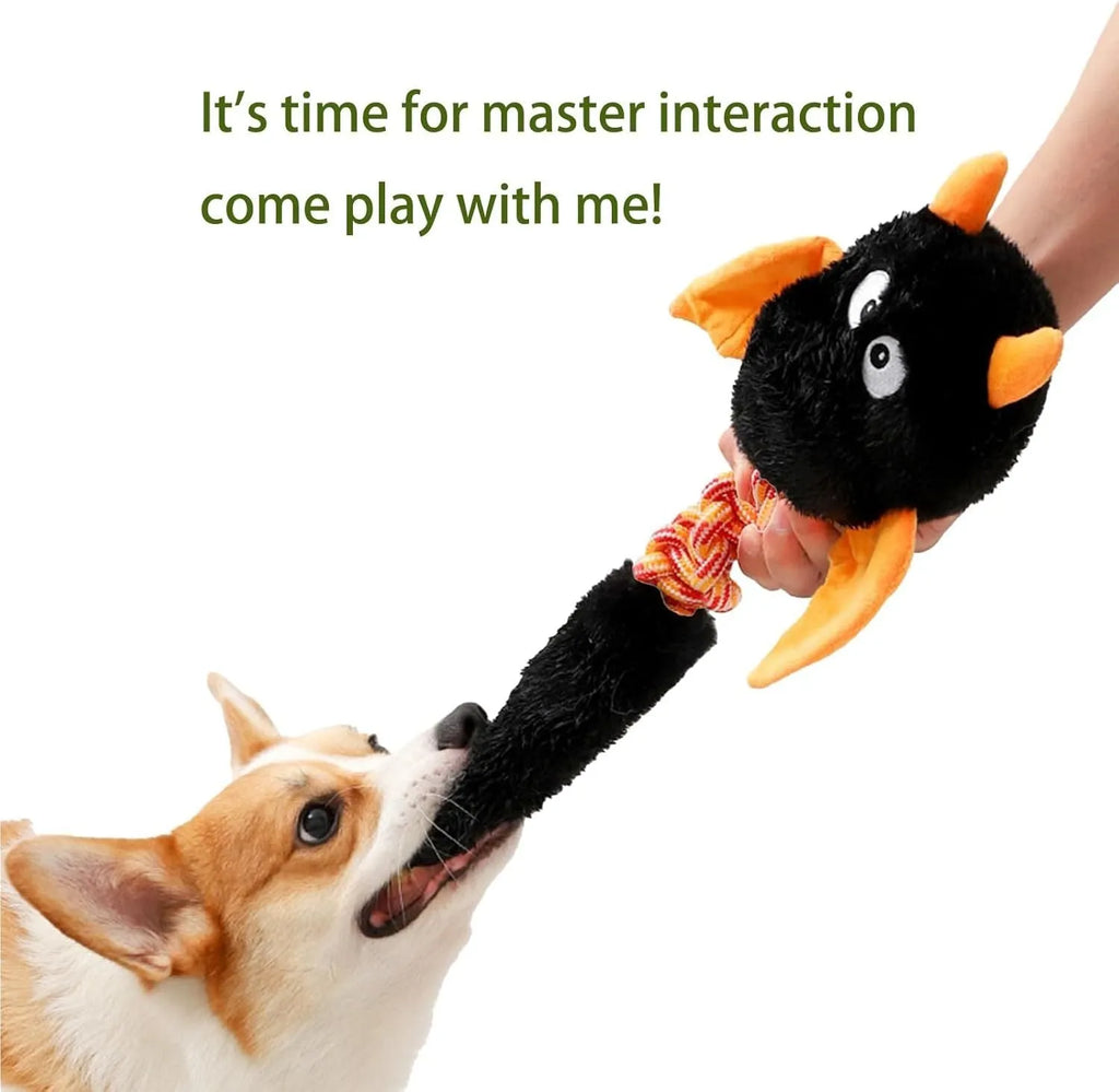 Soft plush dog toy with cartoon design in black, green, or red, showing size scale.