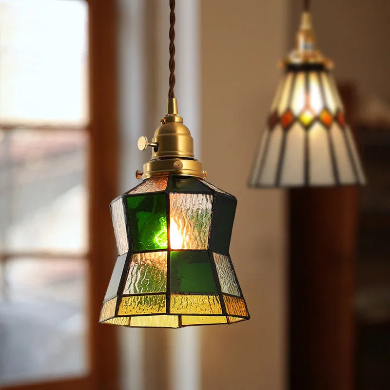 Japanese retro brass and glass chandelier with hand-blown shades and walnut ceiling plate