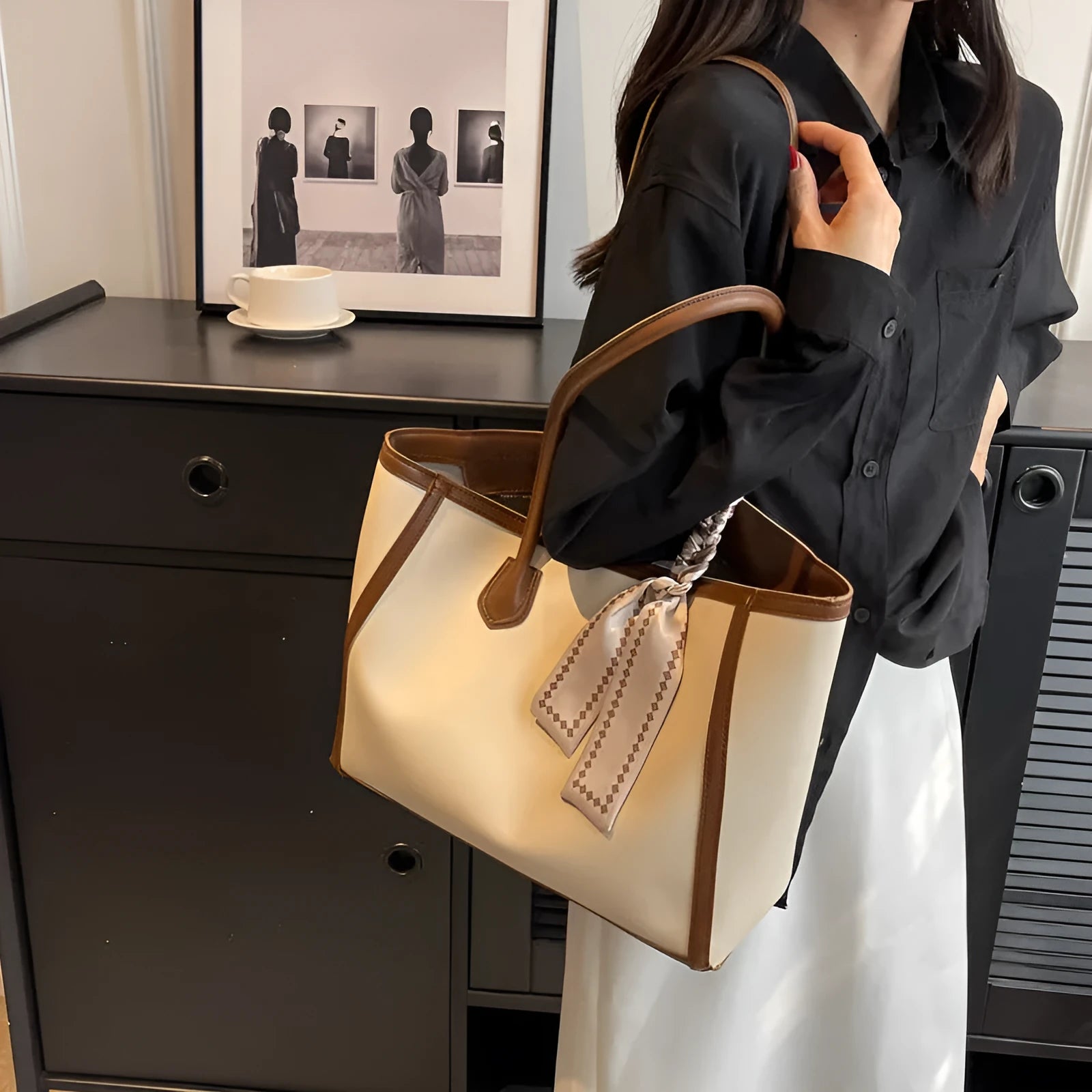Women's PU leather horizontal square shoulder bag with open outer pocket in black, brown, and coffee colours