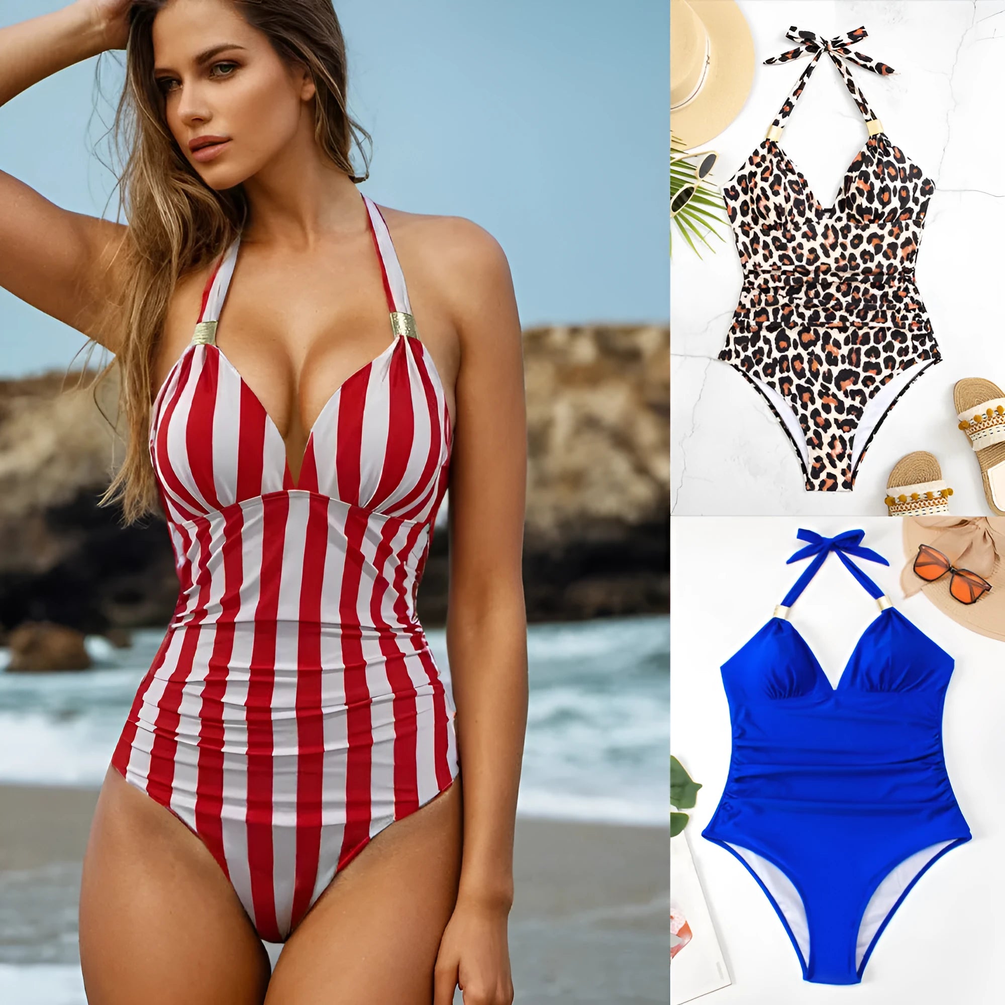 Women's one-piece swimsuit in leopard print style made from quick-drying fabric.