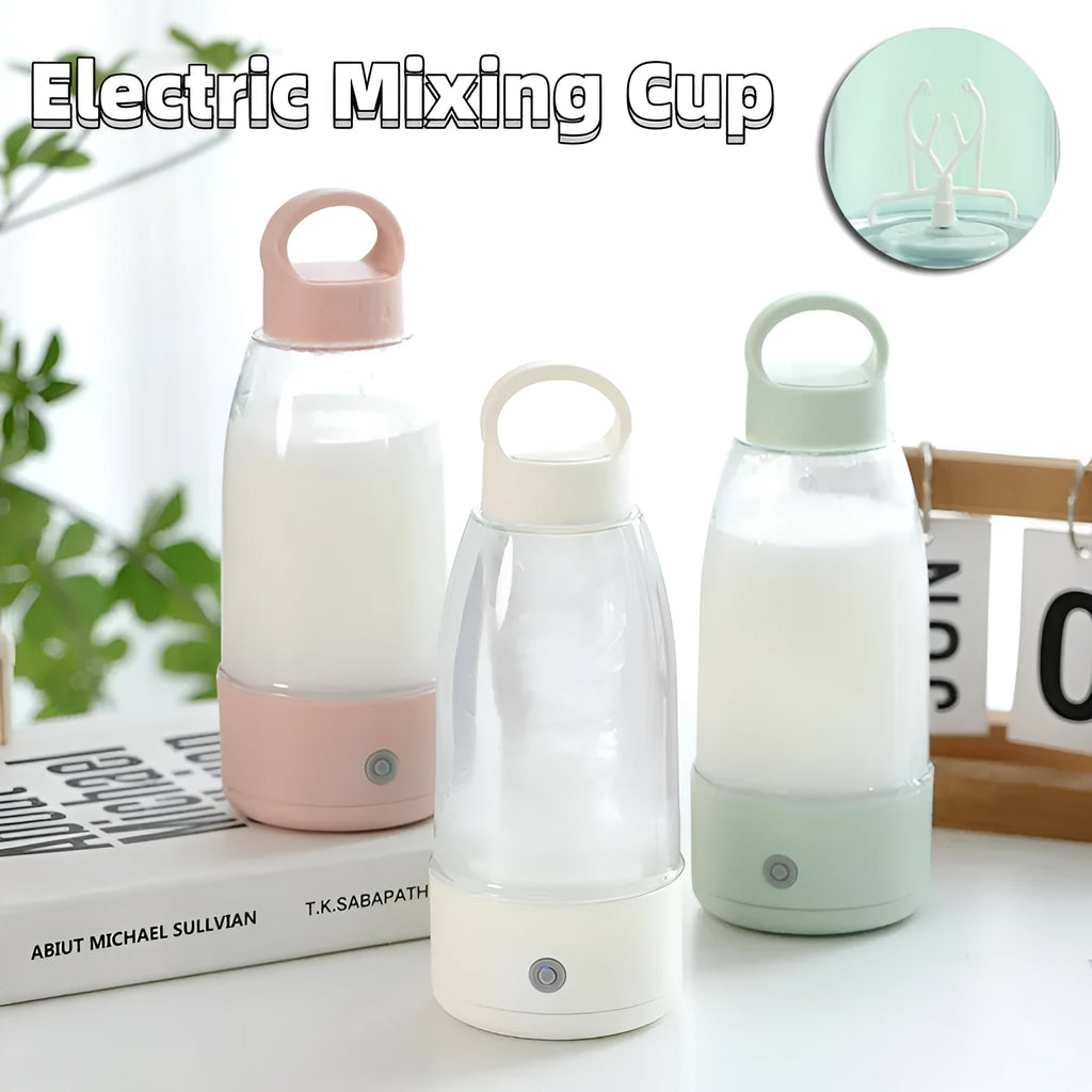 Automatic electric shaker bottle with USB port, handle, and blending blade in green, pink, or white.