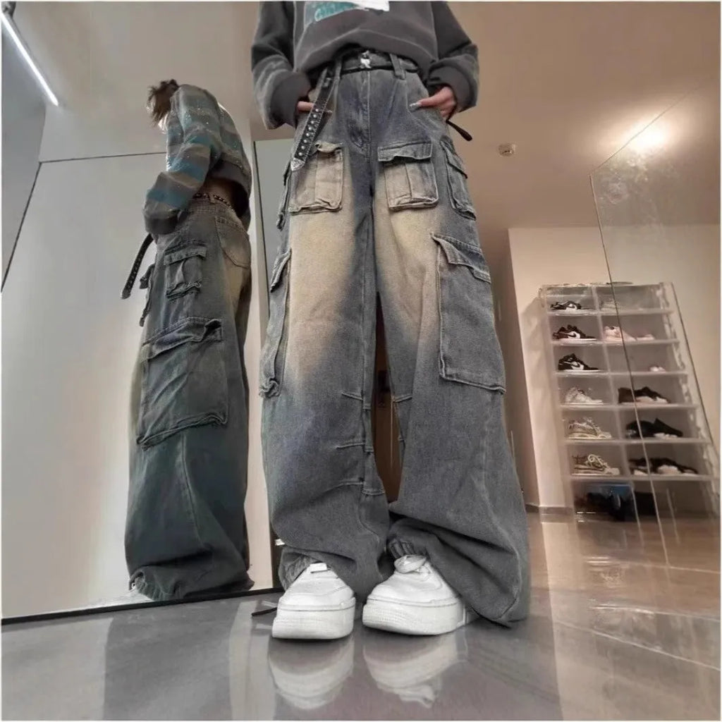 Men's loose fit distressed jeans with multiple pockets in black or light blue