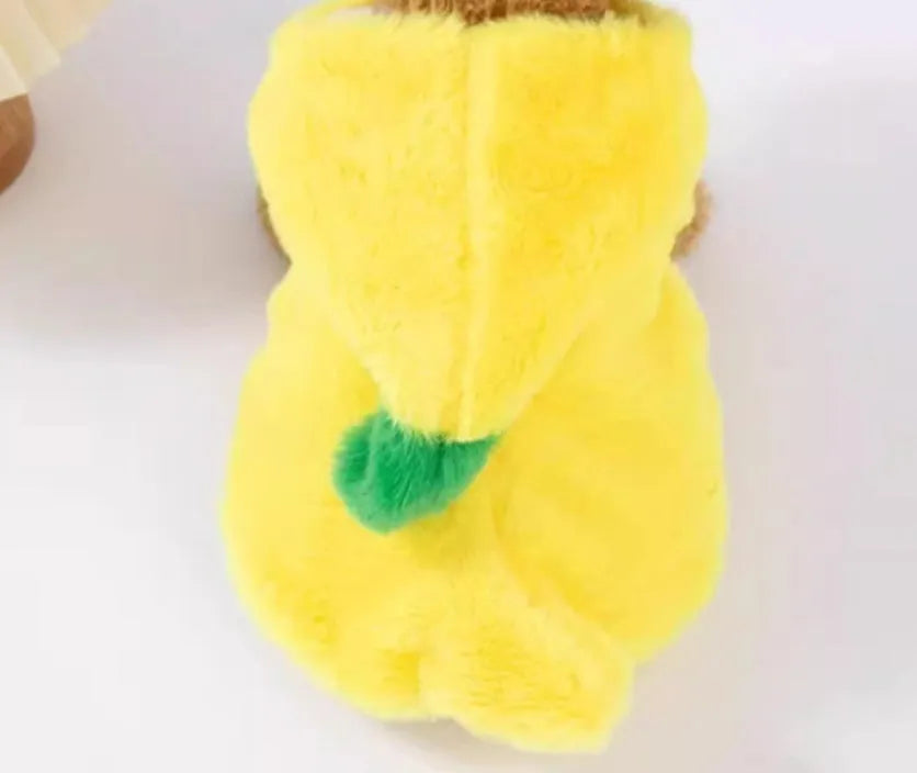 Yellow funny banana dog costume made from polyester for autumn and winter pet clothing, available in sizes S M L XL