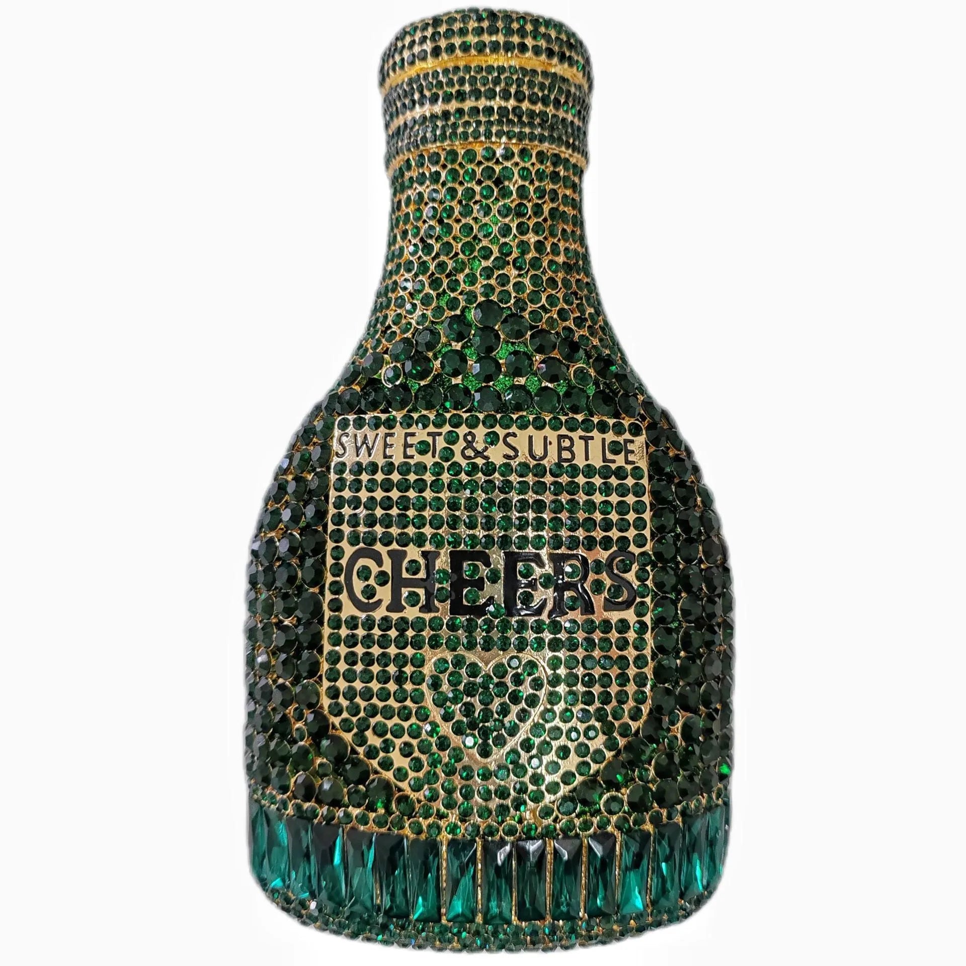 Gold champagne bottle shaped evening clutch with rhinestone decoration on black background