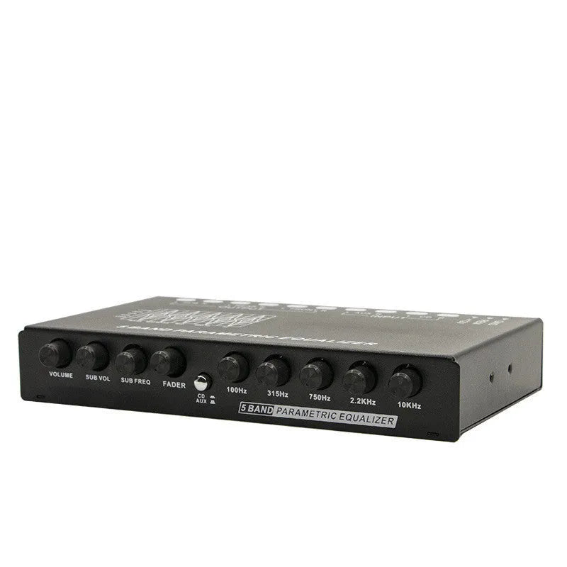 Car audio equaliser with front panel controls showing frequency bands and volume adjustments