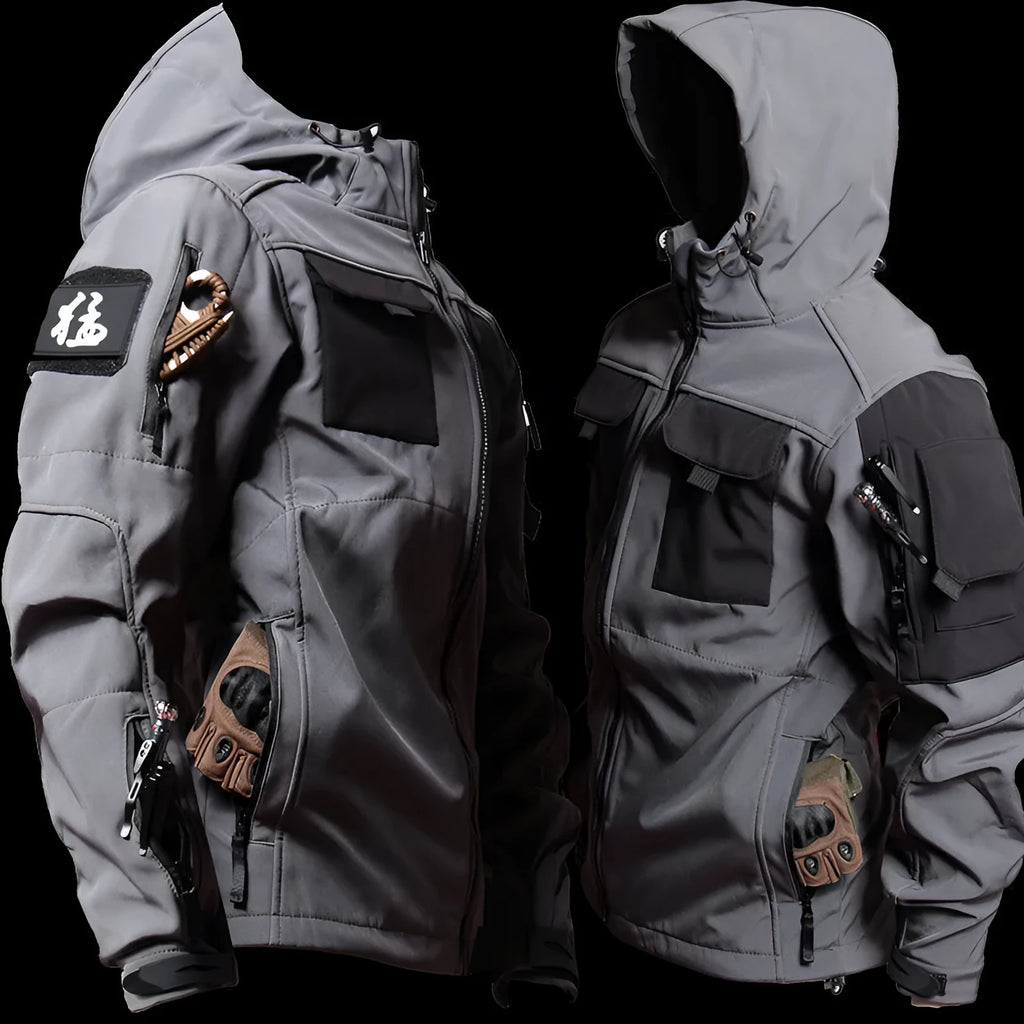 Men's grey corduroy fleece jacket and black tactical pants set for autumn winter regular fit
