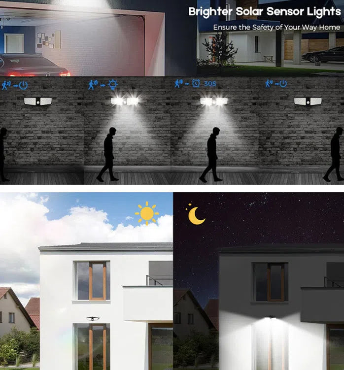 Outdoor solar wall lamp with 100 LEDs, IP65 waterproof, black housing mounted on brick wall