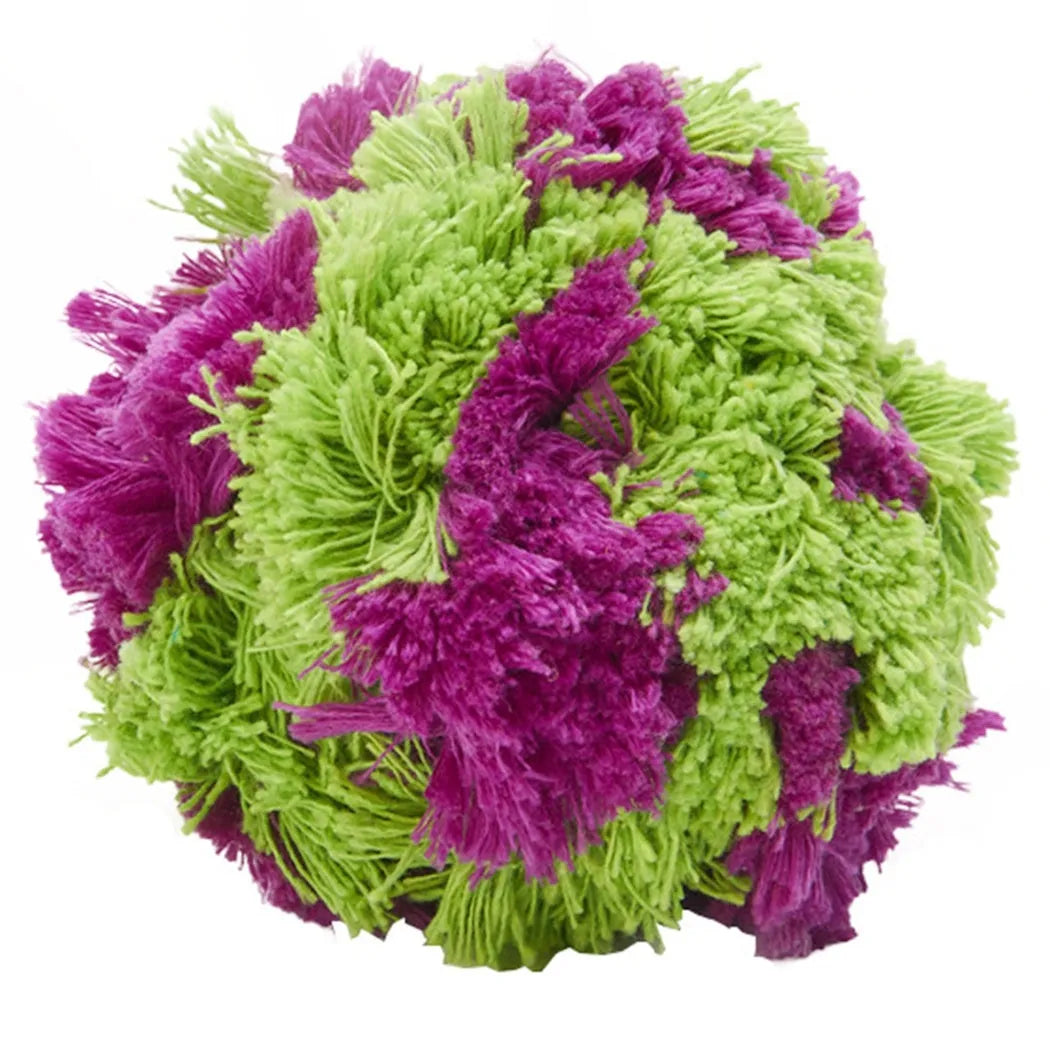 Purple plush dog sea ball chew toy with white knot designs, approximately 15cm diameter