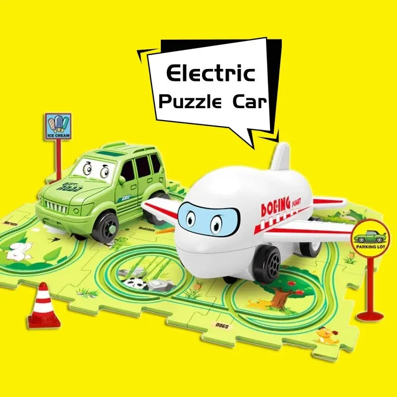 Children puzzle electric railroad speeder DIY track set with automatic car on grooved rails
