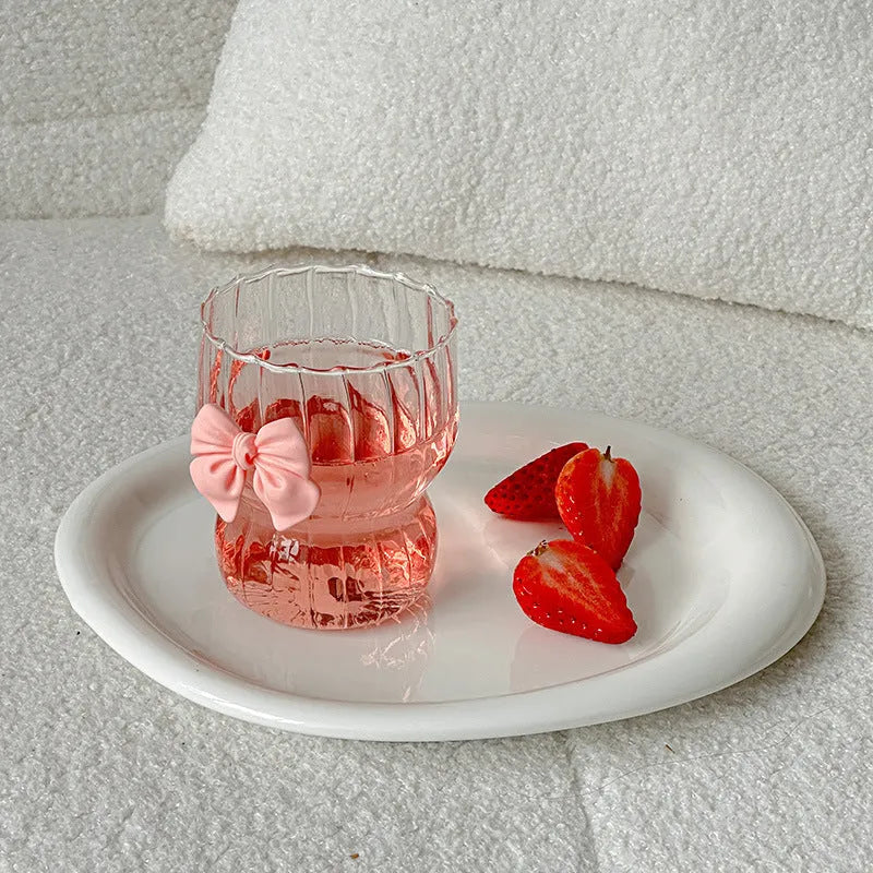 Pink bow borosilicate glass coffee cup, 350ml, 7.5cm diameter, 9cm height, cartoon pattern