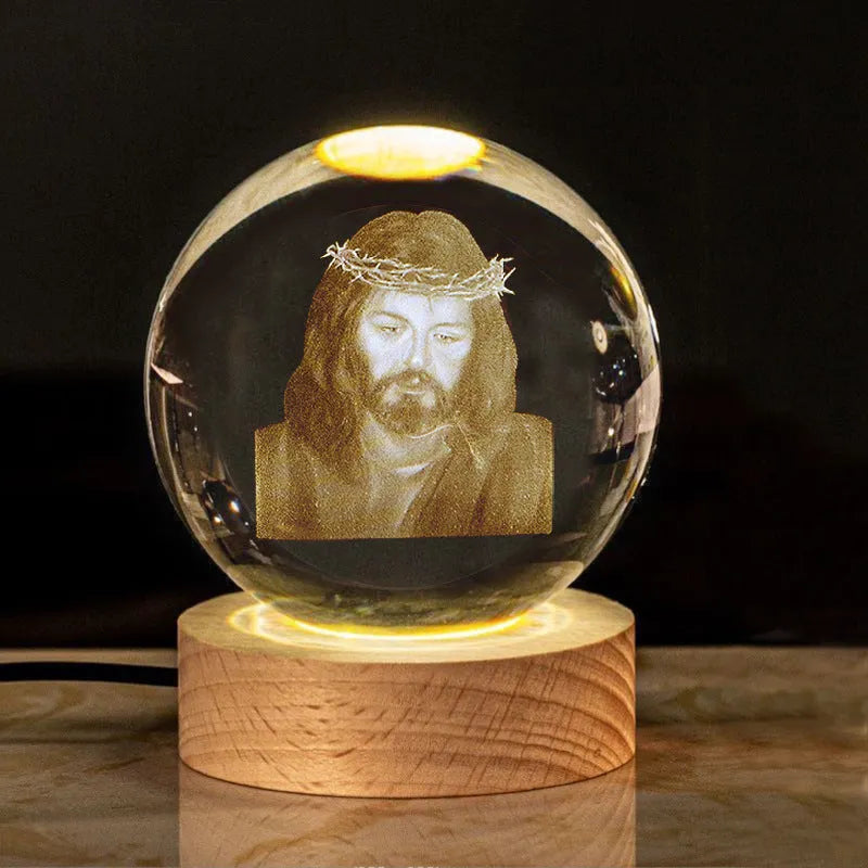 6cm white crystal religious ornament on wooden base with warm lighting