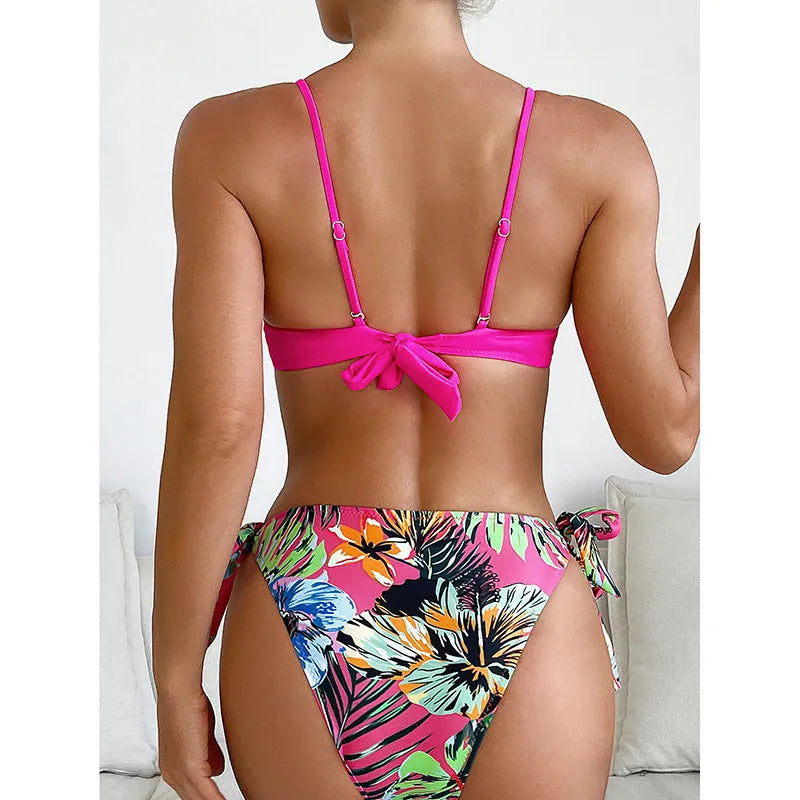 Rose red women's bikini swimsuit with braided rope detailing