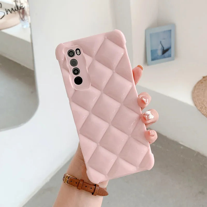 Huawei silicone diamond pattern phone case in solid colours showing flexible protection for compatible models