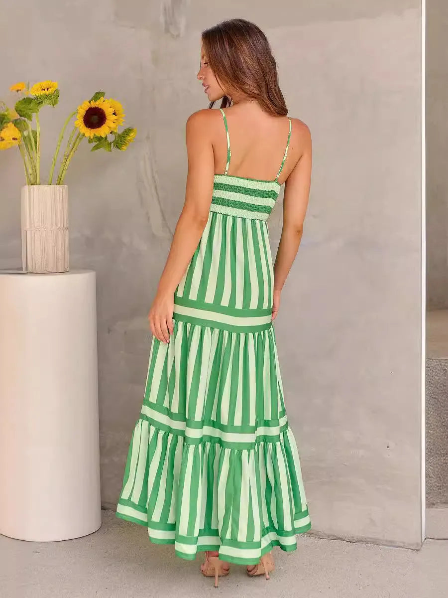 Women's striped summer suspender long dress with pockets and square neck backless design