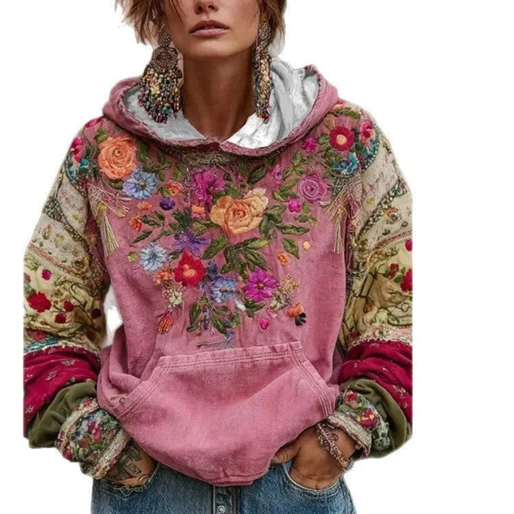 Womens long sleeve shirt with Japanese ethnic cherry blossom print and loose casual polyester fit