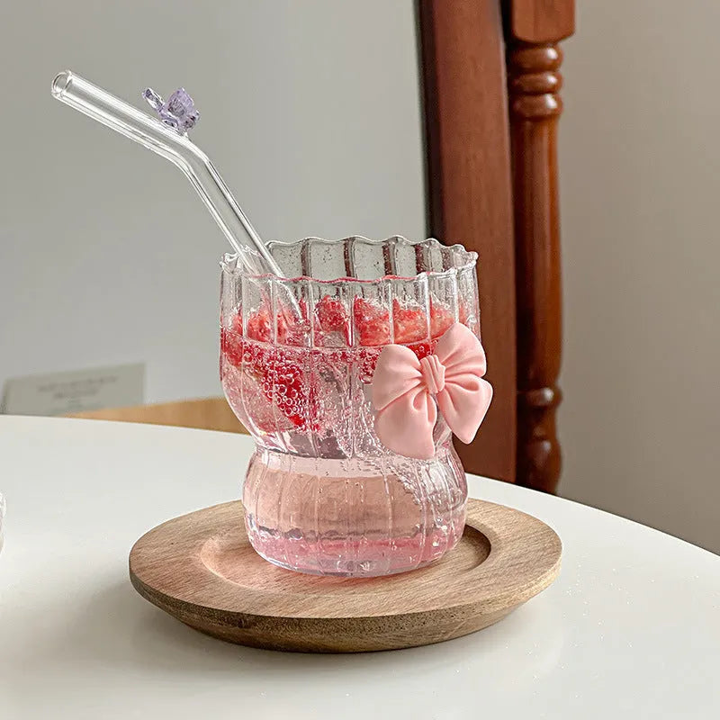 Pink bow borosilicate glass coffee cup, 350ml, 7.5cm diameter, 9cm height, cartoon pattern